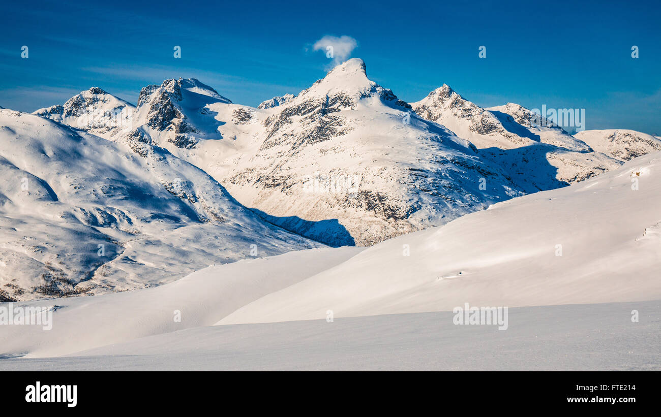 Winter view from Rodtinden with views towards Store Blamann, Kvaloya Troms, Northern Norway Stock Photo