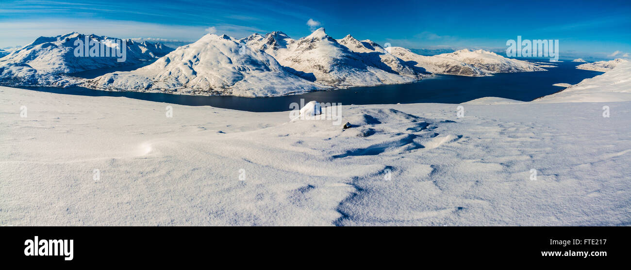 Panoramic view from Rodtinden with views towards Store Blamann and the open ocean, Kvaloya Troms, Northern Norway Stock Photo