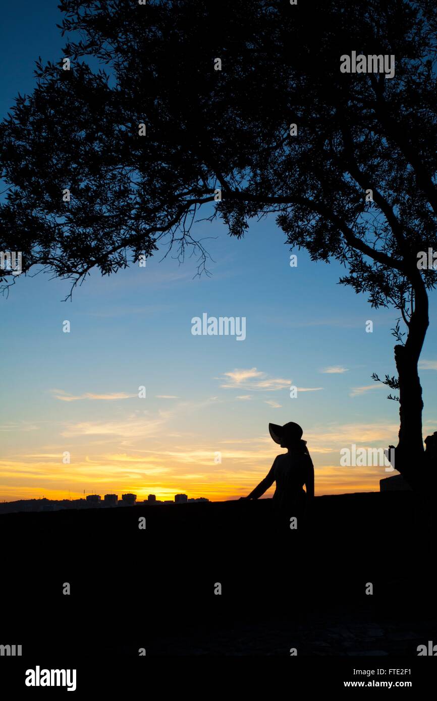 The silhouette of a woman wearing a sun hat and dress overlooking a ...