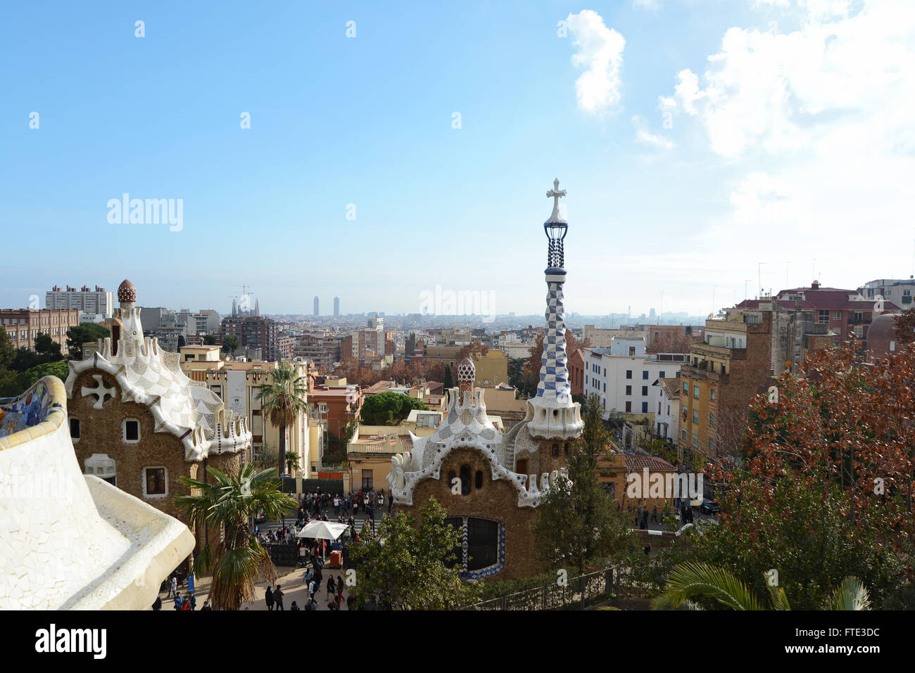Barcelona, Spain - December 28, 2015: View over city from the Square Park Guell Barcelona, Catalunya, Spain Stock Photo