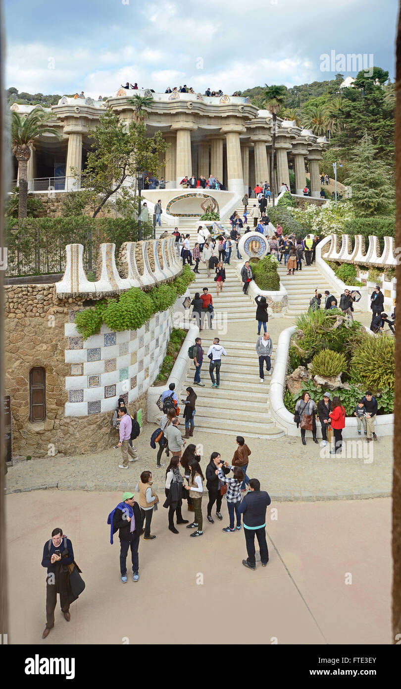 Barcelona, Spain - December 28, 2015: Staircase with Gaudi designs, Park Guell, Barcelonma, Catalonia, Spain Stock Photo