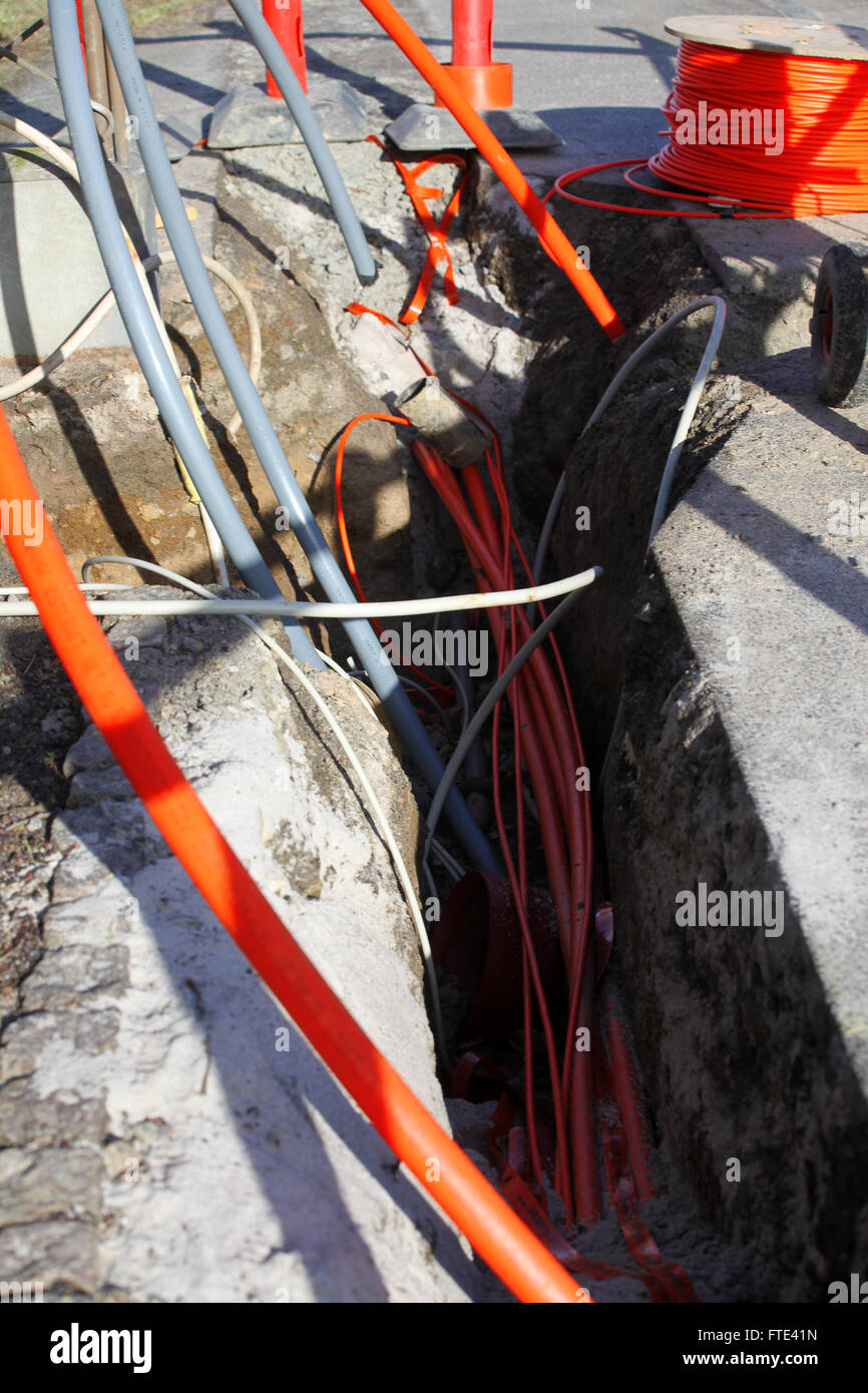 Fiber optic internet connections being provided Stock Photo