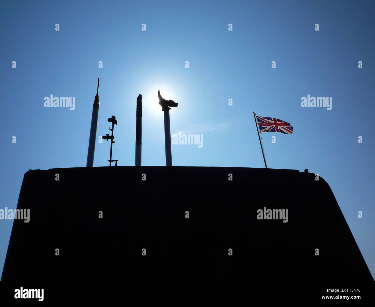 British submarine conning tower with a raised periscope and union jack. Stock Photo