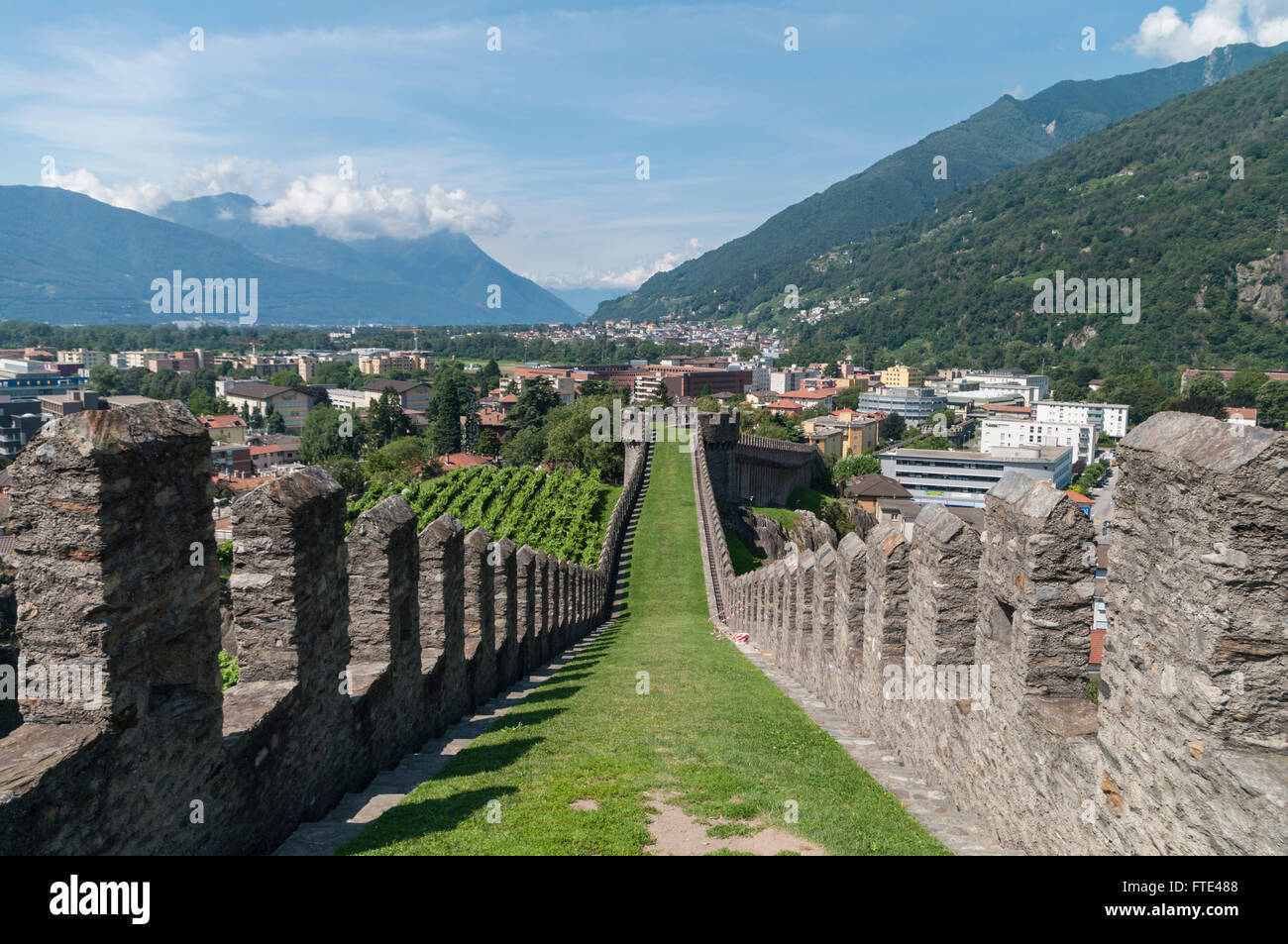 Castelgrande castle walls with battlements. Bellinzona, Ticino, Switzerland. UNESCO World Heritage site. Stock Photo