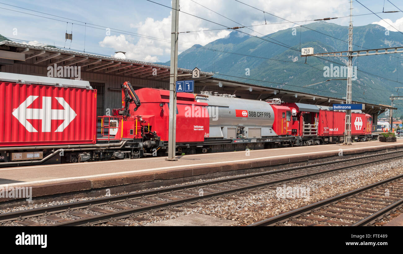 Firefighting and rescue train LRZ, based on a Windhoff MPV. Operated by SBB, the Swiss Federal Railways. Stock Photo