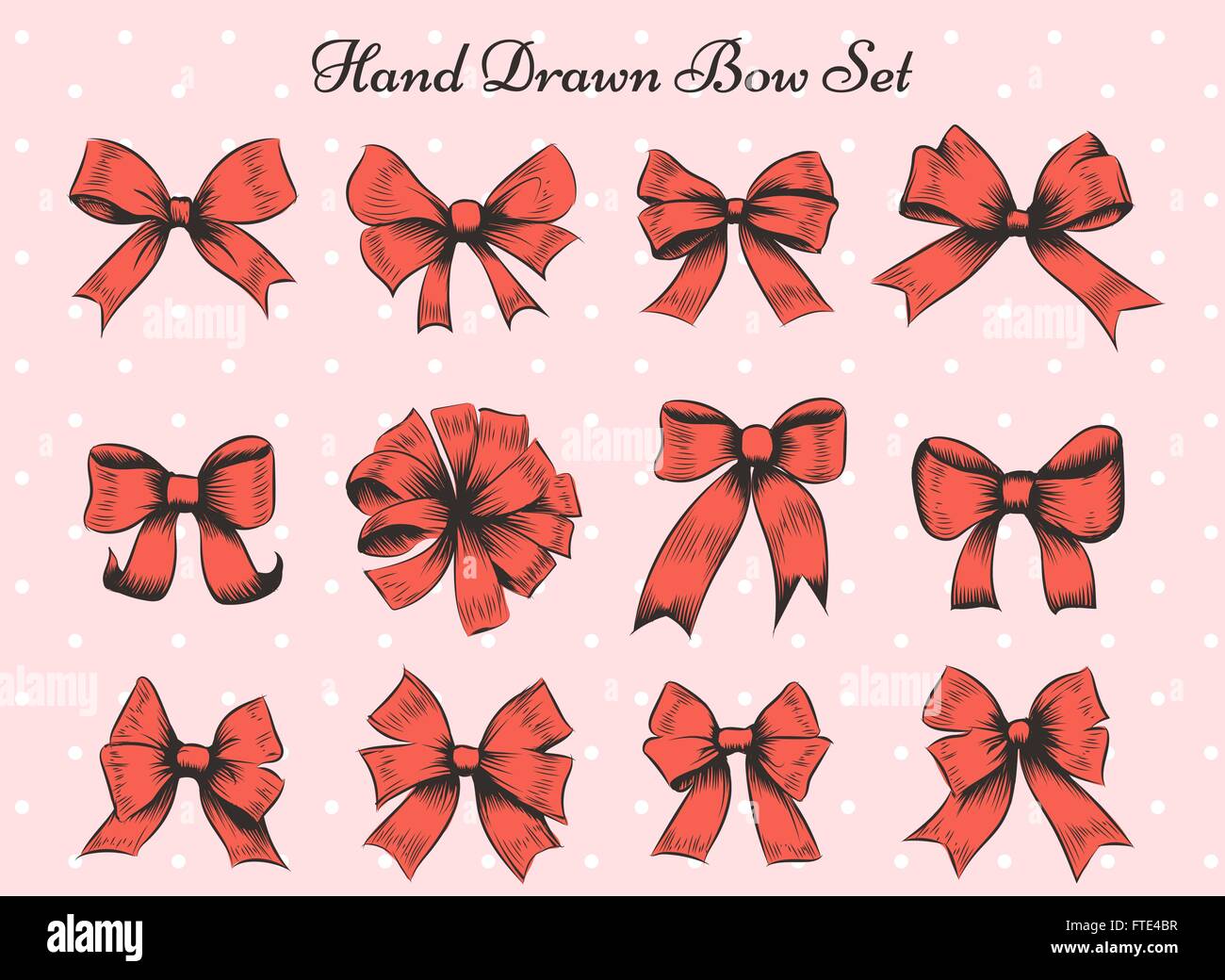 Set of twelve bows. Hand drawn red bows on polka dot background Stock ...
