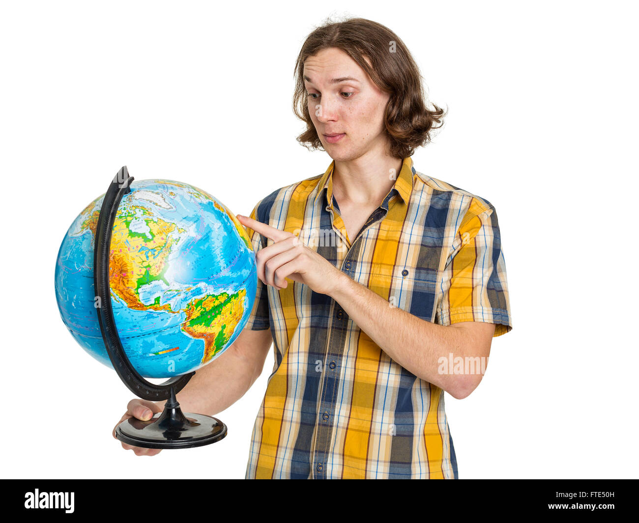 Young man holding globe, isolated on white Stock Photo - Alamy