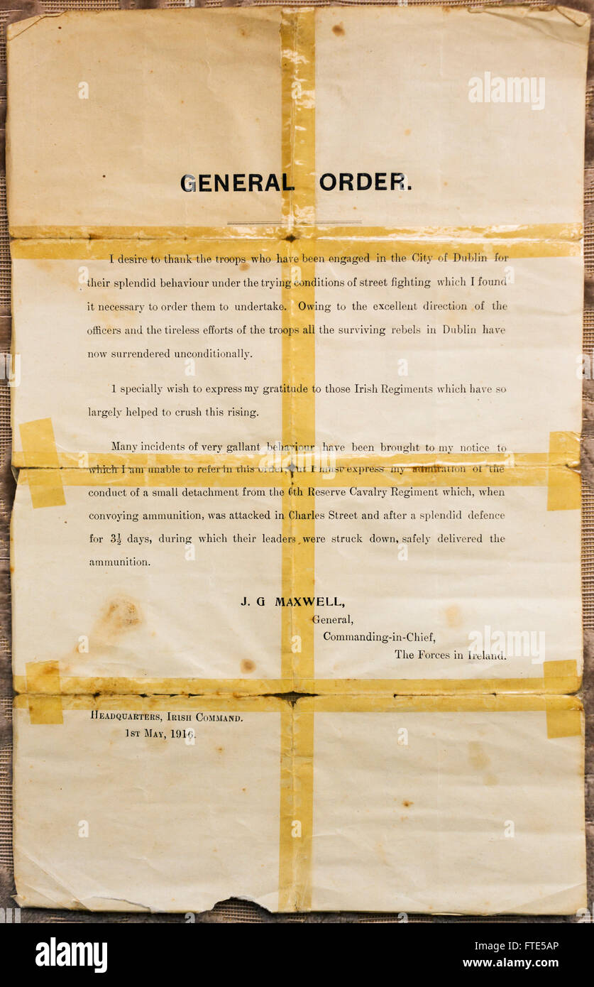 Original General Order Document given to the soldiers at the Kilmainham Detention Barracks after the Easter Rebellion of 1916. Stock Photo