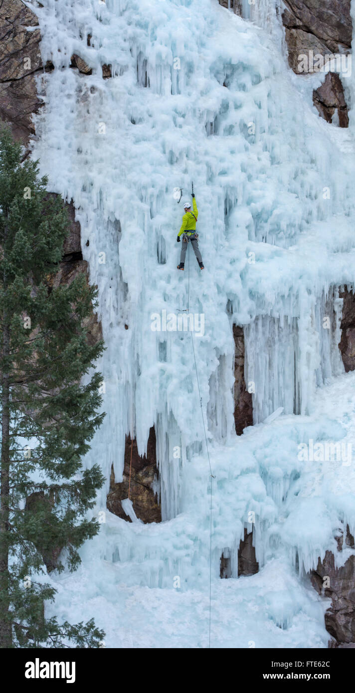 Ice climber climbing a route called We're Number One rated WI5 in the Five Finger Area Ouray Colorado Stock Photo