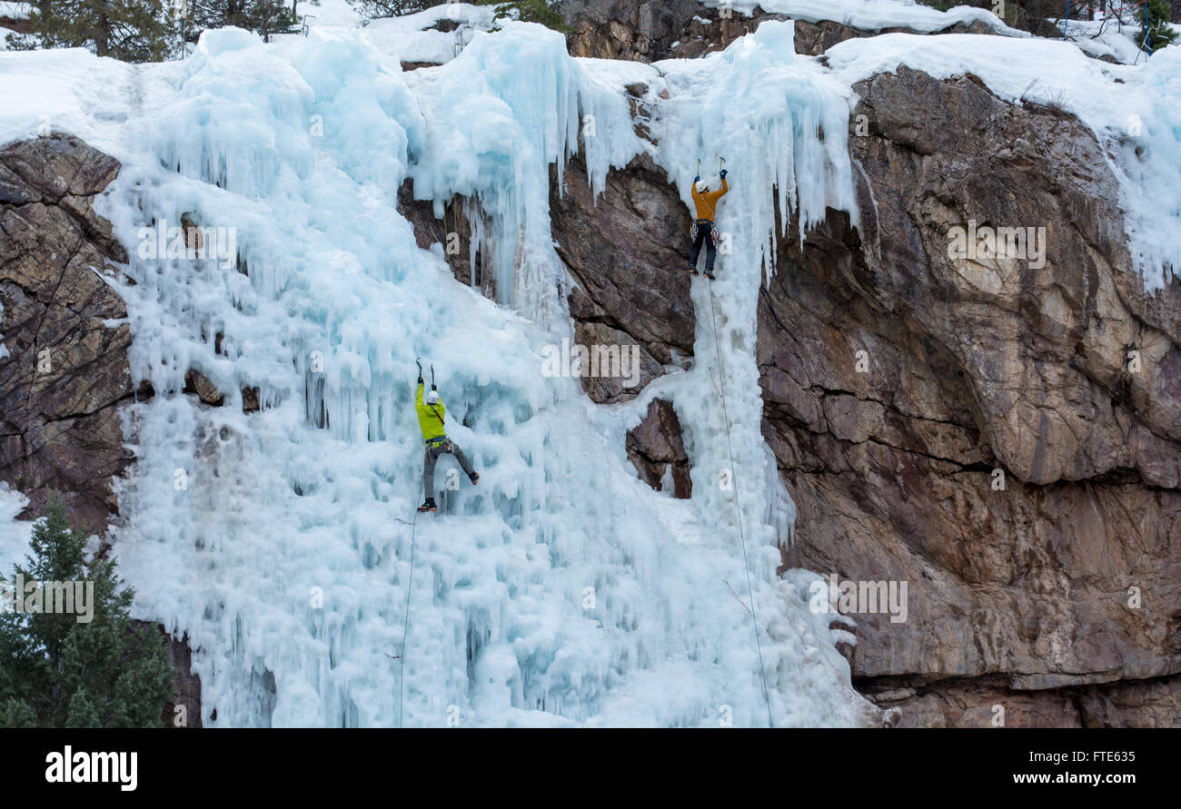 Ice climbers climbing routes called We're Number One and Up Yours rated