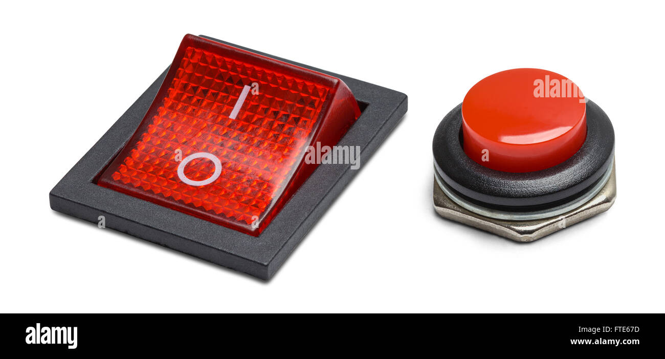 Two Red Computer Power Buttons Angle View Isolated on White Background. Stock Photo