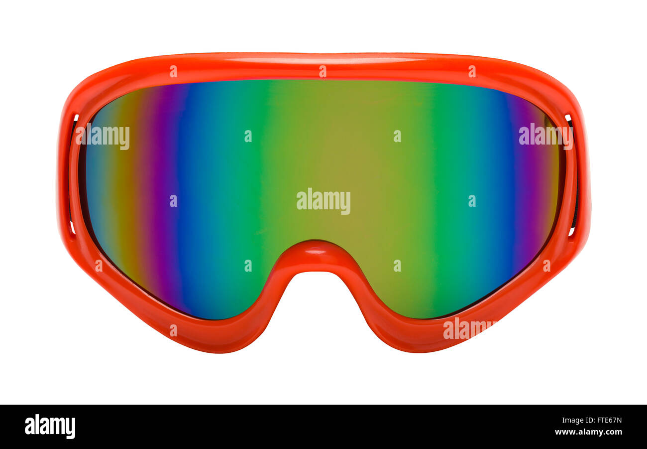 Red Goggles with Rainbow Reflection Front View Cut Out. Stock Photo