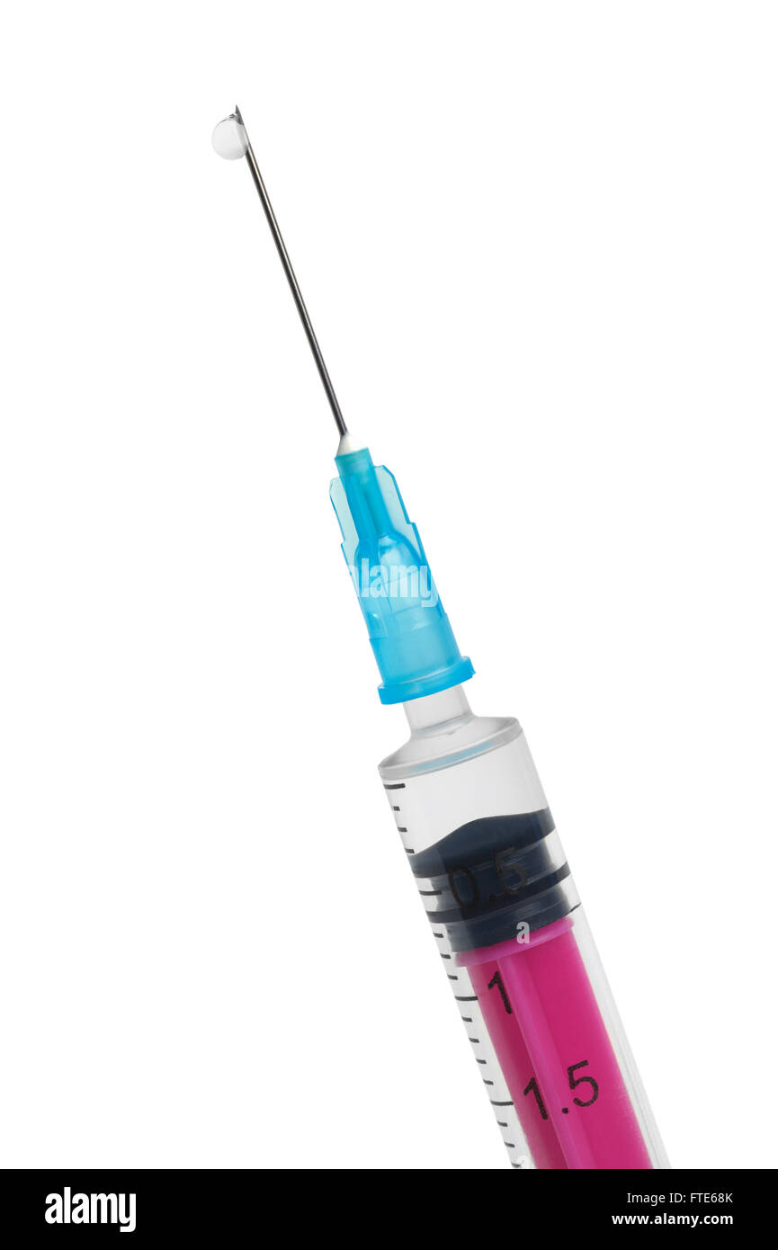 Small Syringe with Needle and Drop Isolated on White Background. Stock Photo