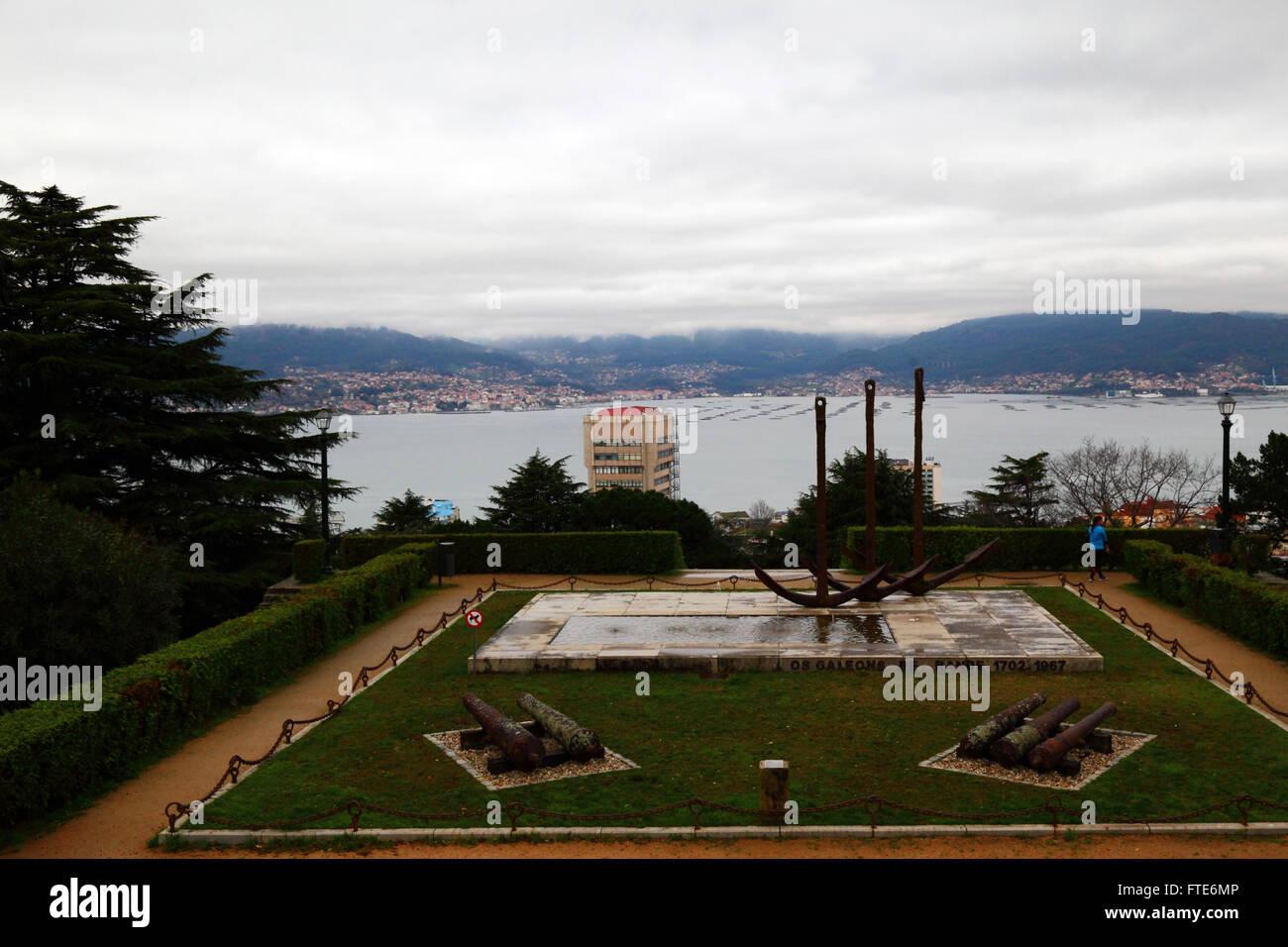 View over monument to the Battle of Vigo Bay / Rande and Ria de Vigo from Castillo del Castro, Vigo, Galicia, Spain Stock Photo