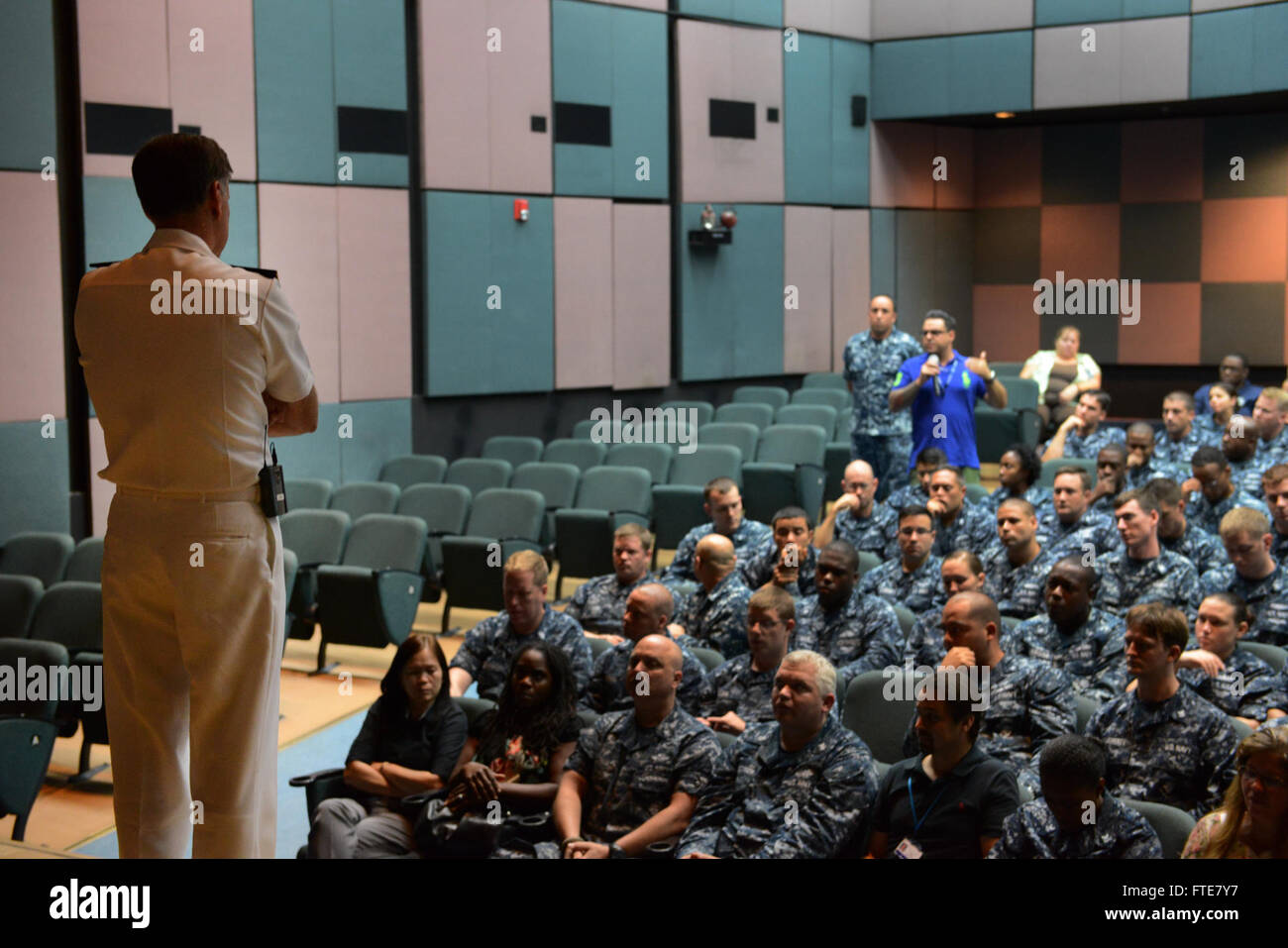 140729-UE250-028 NAPLES, Italy (July 29, 2014) Commander, U.S. Naval Forces Europe-Africa, Adm. Mark Ferguson, speaks to Sailors at an all-hands call on Naval Support Activity Naples, Capodichino. During the all-hands call, Ferguson talked to Sailors about his guiding principles, vision and guidance, and expectations going forward. (U.S. Navy photo by Mass Communication Specialist 2nd Class Corey Hensley/Released) Stock Photo