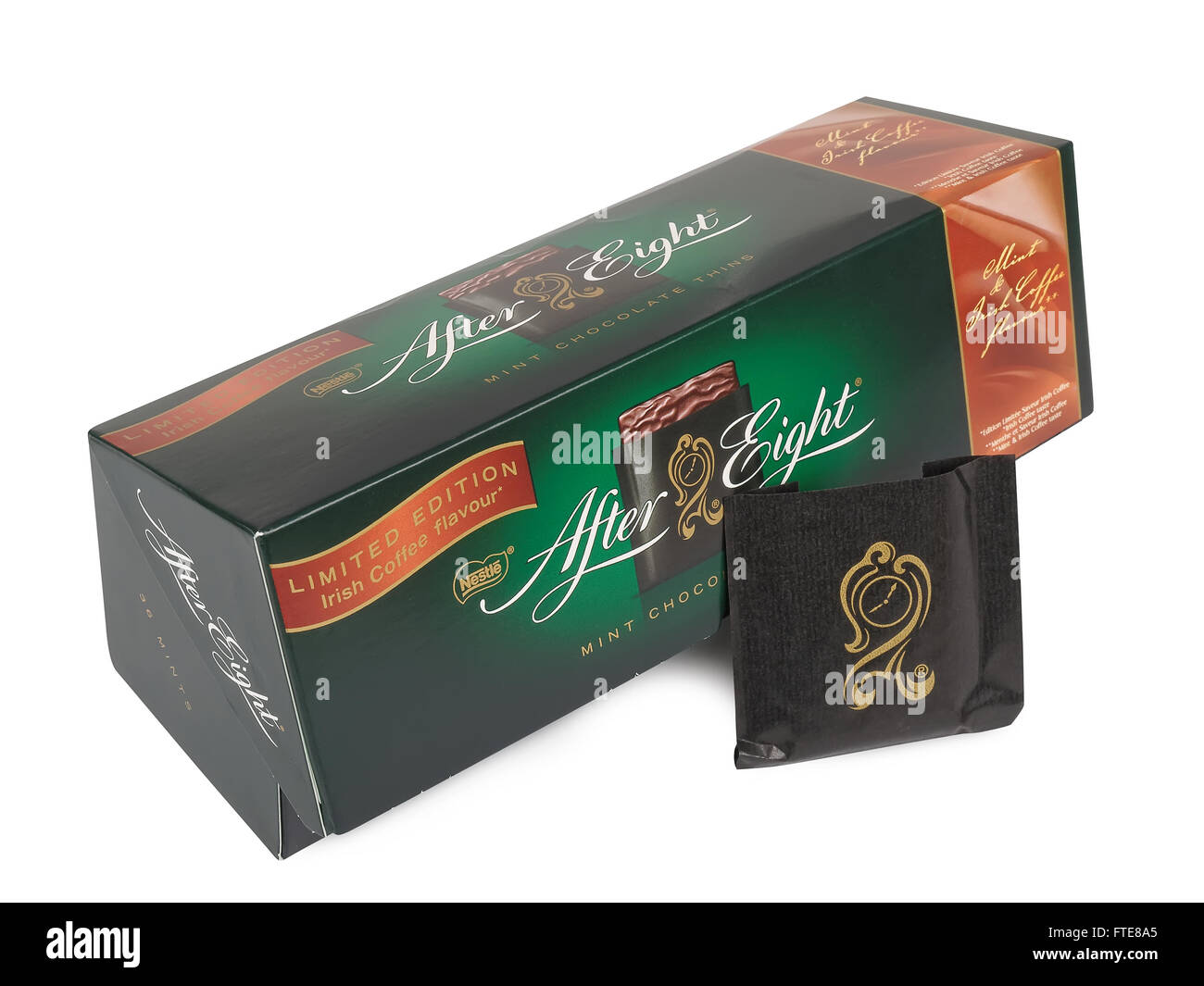 Box of Nestle's After Eight mint chocolate thins on white background. Established in 1962. Stock Photo