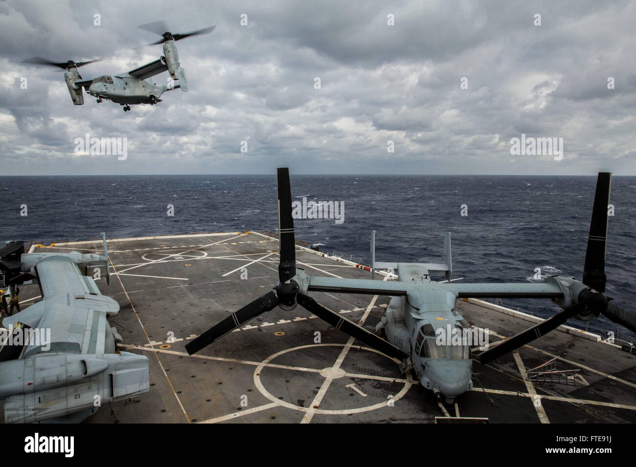 150105-M-YH418-002 MEDITERRANEAN SEA (Jan. 5, 2015) An MV-22B Osprey, assigned to Marine Medium Tiltrotor Squadron 365 (Reinforced), 24th Marine Expeditionary Unit, takes off from the flight deck aboard USS New York (LPD 21), Jan. 5, 2015. The 24th MEU and Iwo Jima Amphibious Ready Group are conducting naval operations in the U.S. 6th Fleet area of operations in support of U.S. national security interests in Europe. (U.S. Marine Corps photo by Cpl. Todd F. Michalek/Released) Stock Photo