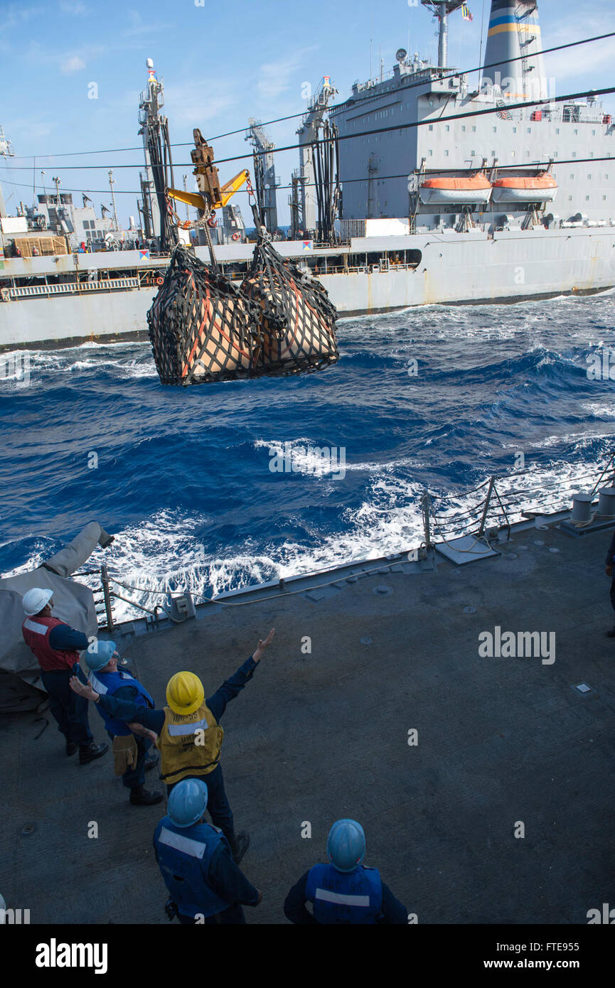 140111-N-UD469-695: MEDITERRANEAN SEA (Jan. 11, 2014) - Boatswain's Mate 3rd Class Kevin Greider signals to a winch operator aboard the Military Sealift Command fleet replenishment oiler USNS Leroy Grumman (T-AO 195) from the Arleigh Burke-class guided-missile destroyer USS Stout (DDG 55) during a replenishment-at-sea.  Stout, homeported in Norfolk, Va., is on a scheduled deployment supporting maritime security operations and theater security cooperation efforts in the U.S. 6th Fleet area of operations. (U.S. Navy photo by Mass Communication Specialist 2nd Class Amanda R. Gray/Released) Stock Photo