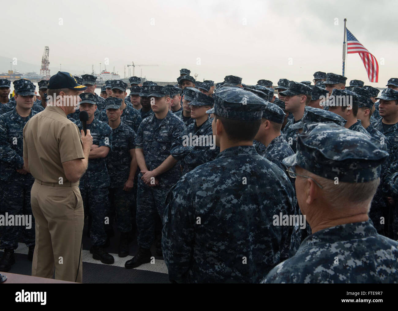 140211-N-SK590-096: NAPLES, Italy (Feb. 11, 2014) - Vice Adm. Phil Davidson, commander, U.S. 6th Fleet, addresses the crew of the Oliver Hazard Perry-class guided-missile frigate USS Elrod (FFG 55) during the ship’s port visit to Naples. Elrod is on a scheduled deployment supporting maritime security operations and theater security cooperation efforts in the U.S. 6th Fleet area of operations. (U.S. Navy photo by Mass Communication Specialist 2nd Class Tim D. Godbee/Released)  Join the conversation on Twitter ( https://twitter.com/naveur navaf )  follow us on Facebook ( https://www.facebook.com Stock Photo