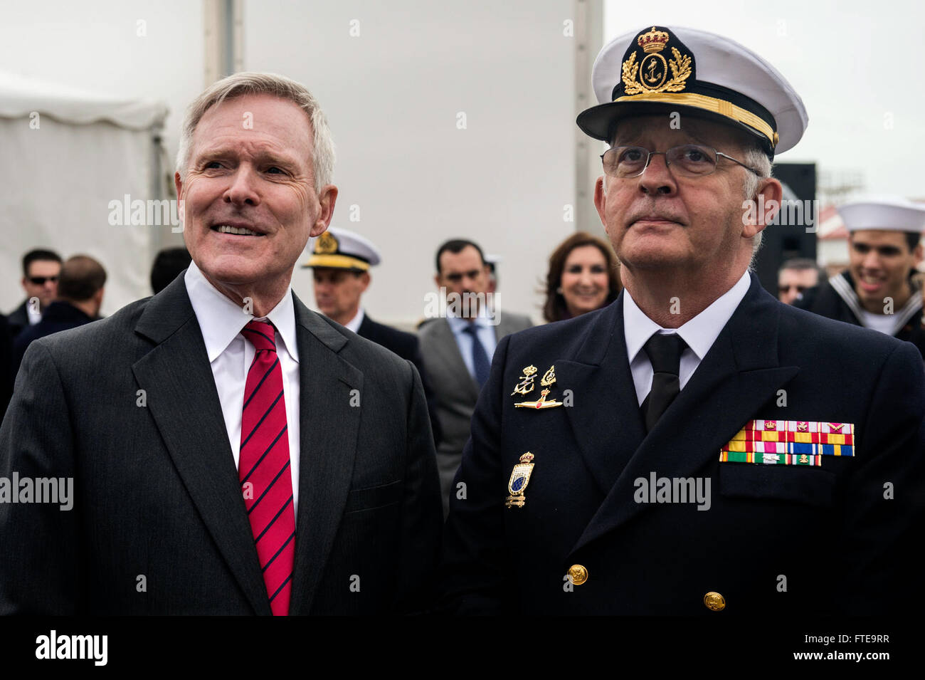 140211-N-KE519-004 ROTA, Spain (Feb. 11, 2014) - Secretary of the Navy Ray Mabus and Spanish Chief of Naval Staff, Admiral Jaime Munoz-Diaz del Rio, meet during a ceremony marking the arrival of the Arleigh Burke-class guided-missile destroyer USS Donald Cook (DDG 75) to Naval Station Rota. Donald Cook is the first of four Arleigh Burke-class guided-missile destroyers to be stationed in Rota. (U.S. Navy photo by Mass Communication Specialist Seaman Edward Guttierrez III/RELEASED)  Join the conversation on Twitter ( https://twitter.com/naveur navaf )  follow us on Facebook ( https://www.faceboo Stock Photo