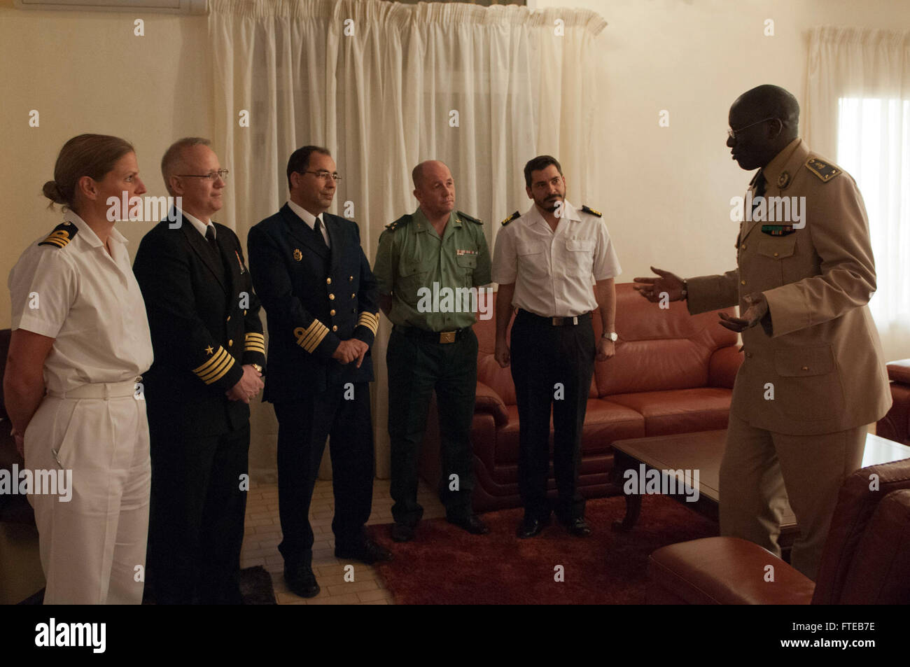DAKAR, Senegal (March 7, 2014) Senegalese Rear Admiral Cheikh Bara Cissoko, chief of naval staff,  addresses the commanding officers of vessels participating in Exercise Saharan Express 2014. Saharan Express is an annual international maritime security cooperation exercise designed to improve maritime safety and security in West Africa. (U.S. Navy photo by Mass Communication Specialist 1st Class David R. Krigbaum/ Released) Stock Photo