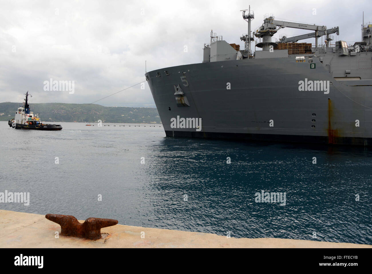 SOUDA BAY, Greece (Mar. 10, 2014) – The Military Sealift Command USNS Robert E. Peary (T-AKE-5) departs Souda Bay after a scheduled port visit. Peary, a Lewis and Clark-Class dry cargo ship able to transport over 6,000 tons of dry cargo and provide helicopter air support, is manned by a compliment of military and Civil Service Mariners. Stock Photo