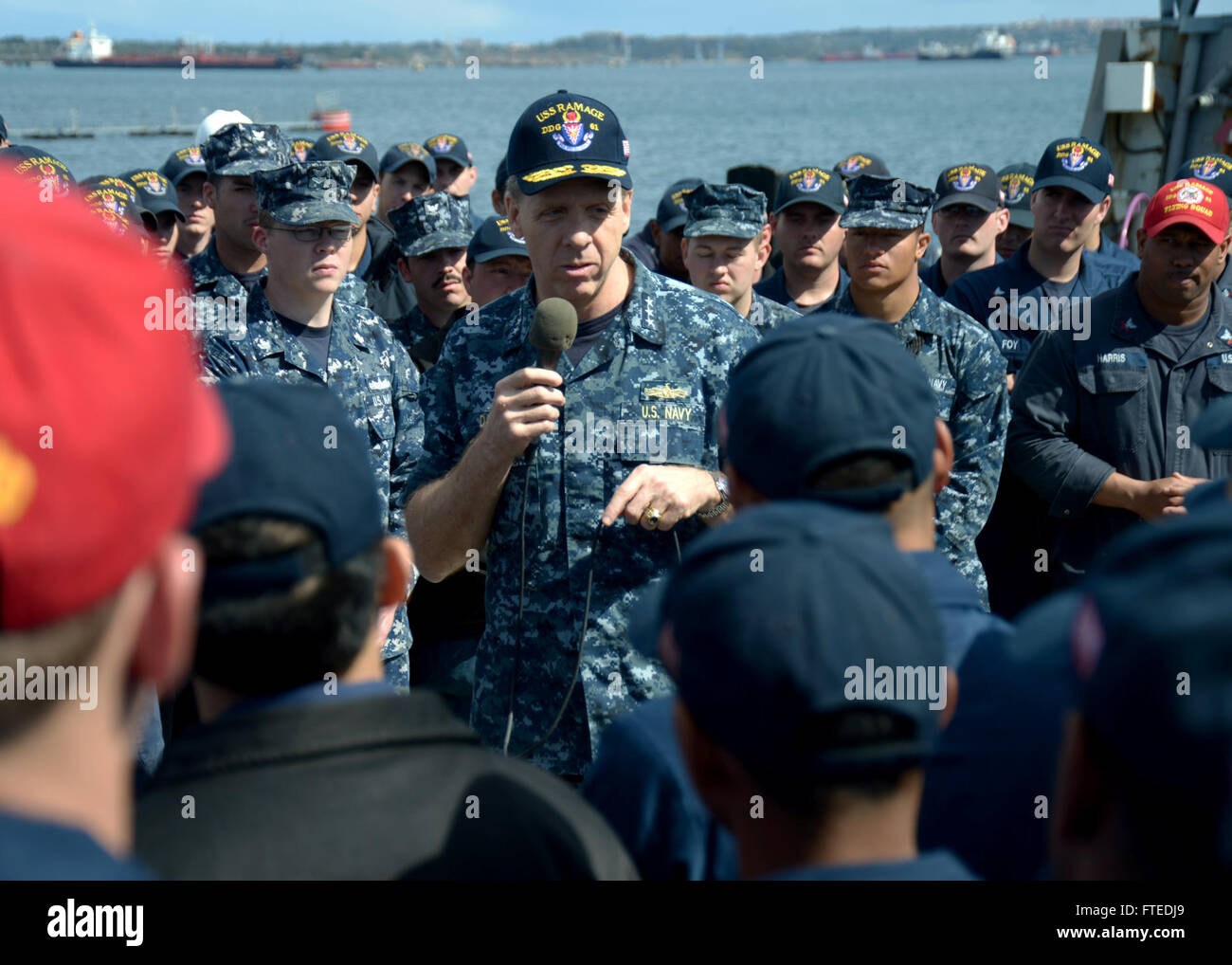 140417-N-CH661-179: AUGUSTA BAY, Italy (April 17, 2014) - Vice Adm. Phil Davidson, commander, U.S. 6th Fleet, addresses the crew of the guided-missile destroyer USS Ramage (DDG 61) during an all-hands call. Ramage, homeported in Norfolk, Va., is on a scheduled deployment supporting maritime security operations and theater security cooperation efforts in the U.S. 6th Fleet area of operations. (U.S. Navy photo by Mass Communication Specialist 2nd Class Jared King/Released)  Join the conversation on Twitter ( https://twitter.com/naveur navaf )  follow us on Facebook ( https://www.facebook.com/USN Stock Photo