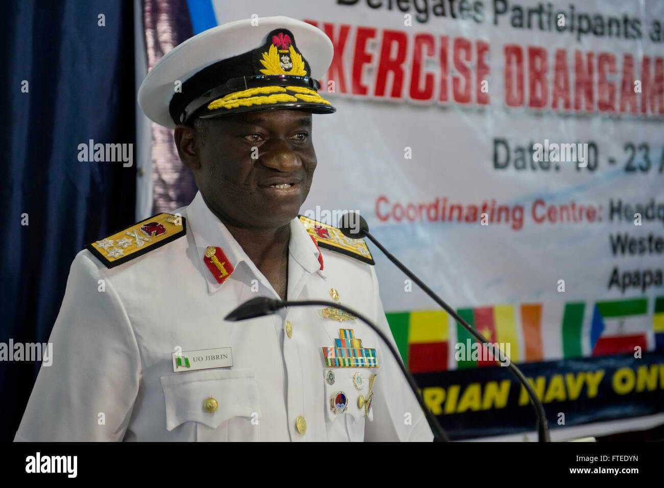 140423-N-IY142-181 LAGOS, Nigeria (April 23, 2014) - Vice Adm. U.O. Jibrin, Chief of the Naval Staff, Nigerian navy, delivers remarks during the closing ceremony of Obangame Express 2014 at the country’s Western Naval Command headquarters. Obangame Express is a U.S. Africa Command-sponsored multinational maritime exercise designed to increase maritime safety and security in the Gulf of Guinea. (U.S. Navy photo by Mass Communication Specialist 2nd Class John Herman/Released) Stock Photo