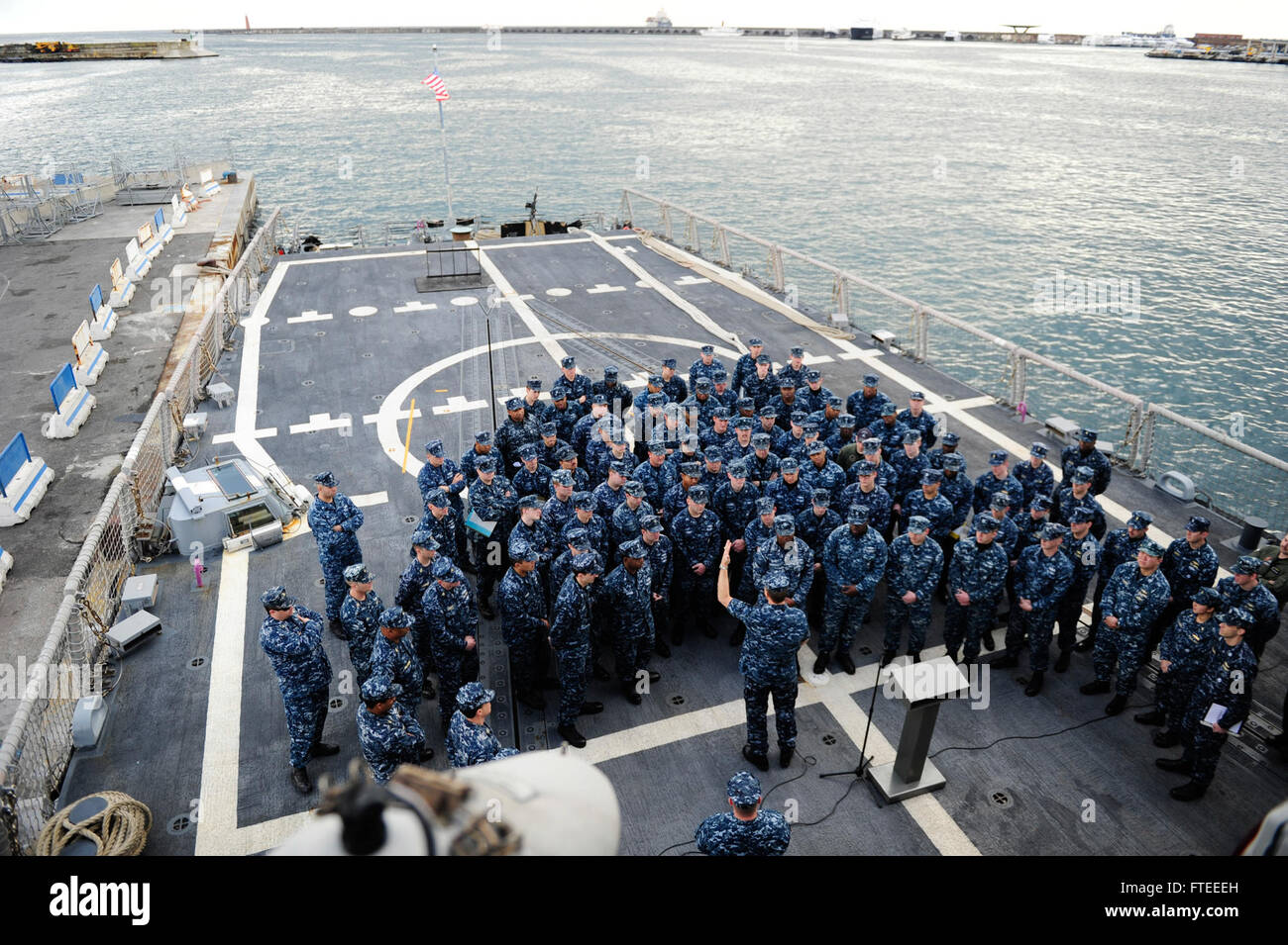 140129-N-XZ912-002 NAPLES, Italy (Jan. 24, 2014) Vice Adm. Phil Davidson, commander, U.S. 6th Fleet, addresses the crew of the Oliver Hazard Perry-class frigate USS Taylor (FFG 50) during an all-hands call. During the visit, Davidson also toured the ship and met with the ship's senior leadership. (U.S. Navy photo by Mass Communication Specialist 1st Class Christopher B. Stoltz/Released) Join the conversation on Twitter ( https://twitter.com/naveur navaf )  follow us on Facebook ( https://www.facebook.com/USNavalForcesEuropeAfrica )  and while you're at it check us out on Google+ ( https://plus Stock Photo