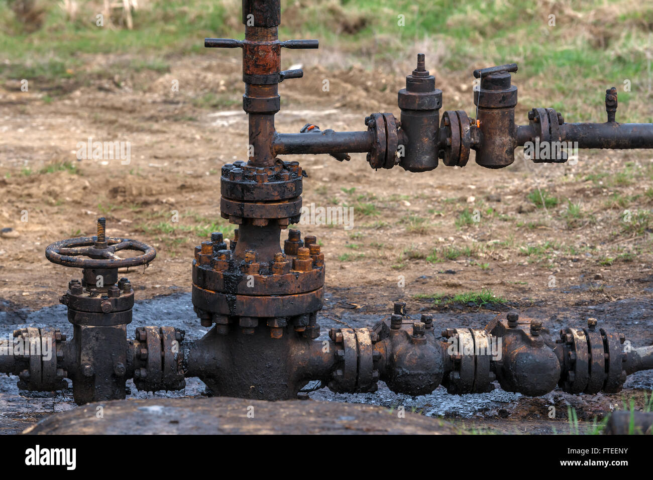 rusty oil pipes outdoor closeup Stock Photo