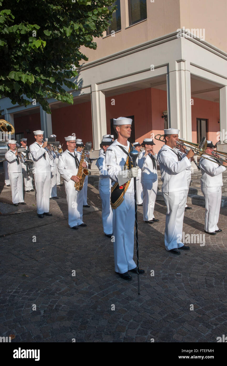 The U.S. Naval Forces Europe Ceremonial Band plays morning colors at
