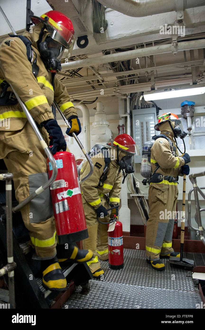 140809-N-ZE250-136  BLACK SEA (Aug. 9, 2014) Sailors prepare to search for simulated hot spots during a damage control exercise aboard the Ticonderoga-class guided-missile cruiser USS Vella Gulf (CG 72). Vella Gulf, homeported in Norfolk, Va., is conducting naval operations with allies in the U.S. 6th Fleet area of operations in order to advance security and stability in Europe. (U.S. Navy photo by Mass Communication Specialist 3rd Class Weston Jones/Released) Stock Photo