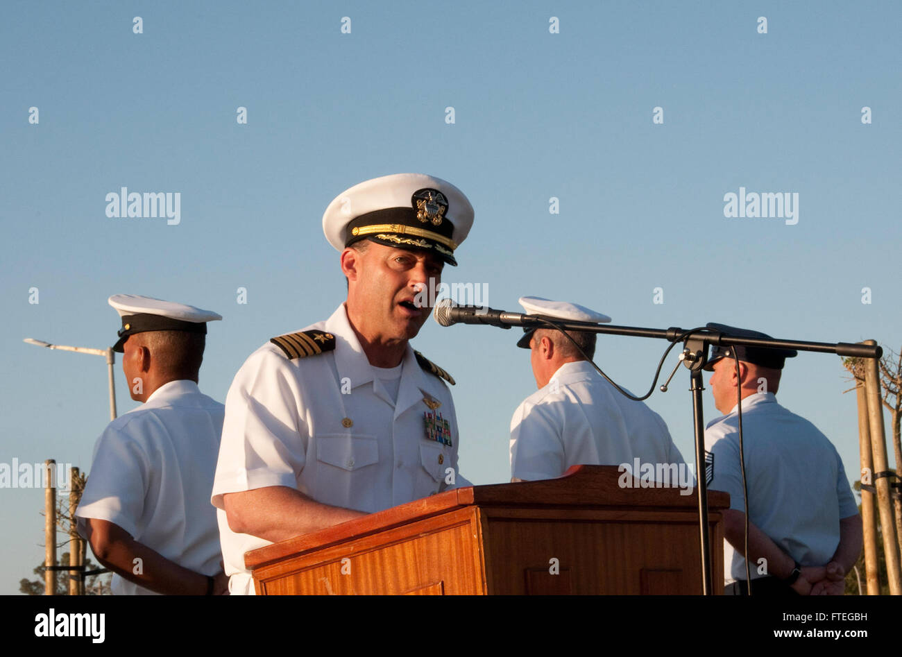 NAVAL STATION ROTA, Spain (July 2, 2015) – Capt. Greg Pekari, commander, U.S. Naval Activities Spain, speaks of the importance of Independence Day to service members, civilians, and guests during the annual flag-raising ceremony, July 2. While raising the flag is a daily occurrence on most U.S. military installations around the world, Naval Station Rota is only permitted to fly the American flag with special permission from the base’s Spanish admiral in chief in accordance with the Agreement on Defense Cooperation.  (U.S. Navy photo by Mass Communication Specialist 2nd Class Grant Wamack/Relea Stock Photo