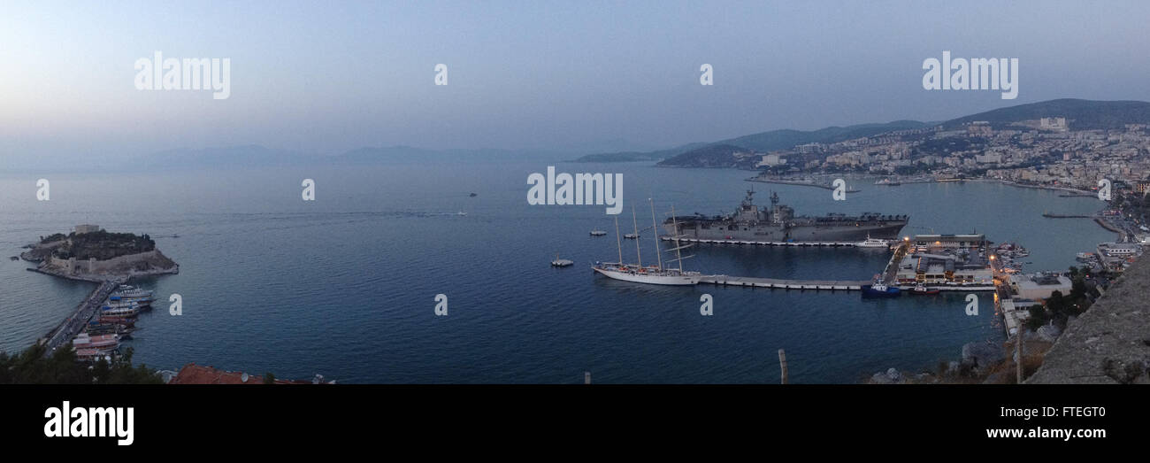 The USS Bataan (LHD 5), an amphibious assault ship, is seen docked in Kusadasi, Turkey. The ship is part of the Bataan Amphibious Ready Group, supporting security operations and crisis response in the U.S. 6th Fleet region. Stock Photo