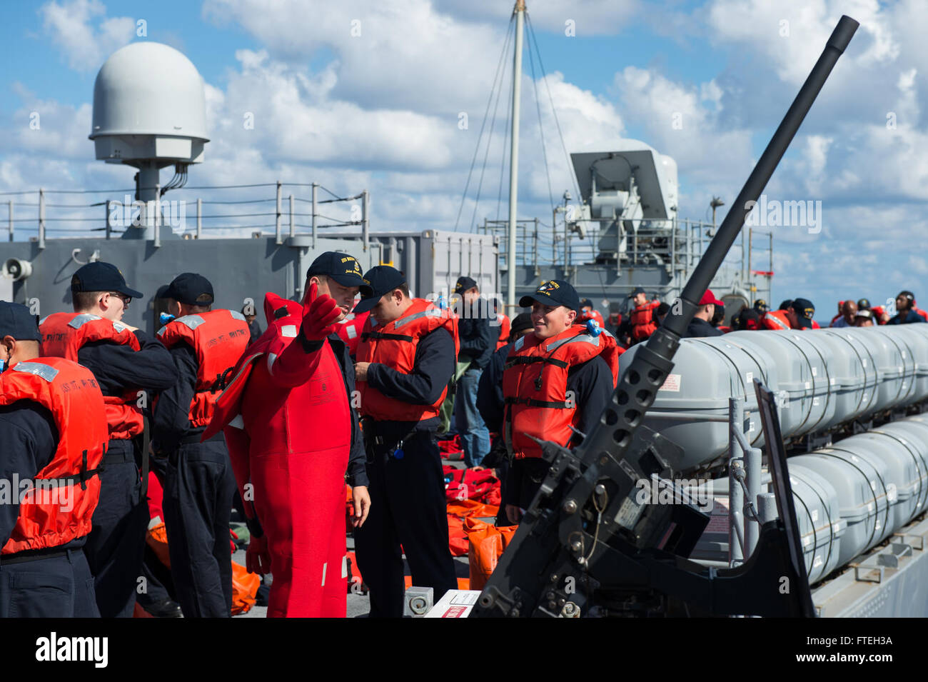 On October 9, 2014, sailors aboard the USS Mount Whitney (LCC 20) participated in an abandon ship drill in the Mediterranean Sea. The drill was part of ongoing naval operations to enhance security and stability in Europe. Stock Photo