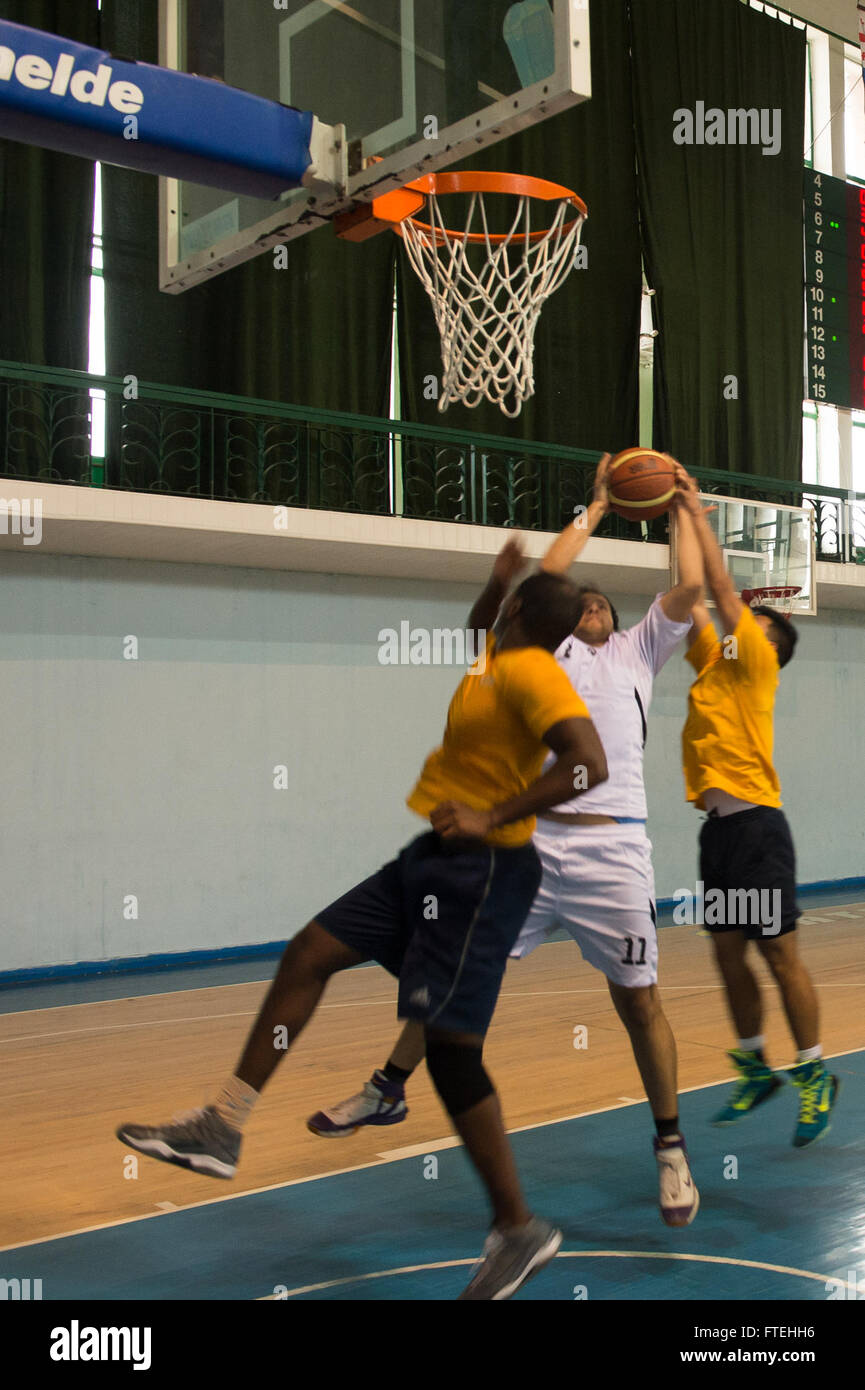 BATUMI, Georgia (Oct. 17, 2014) – U.S. Navy Sailors assigned to the U.S. 6th Fleet command and control ship USS Mount Whitney (LCC 20) compete against the Batumi State Maritime Academy during a basketball game hosted by the Academy. Mount Whitney is conducting naval operations with allies and regional partners in the U.S. 6th Fleet area of operations in order to advance security and stability in Europe. Stock Photo