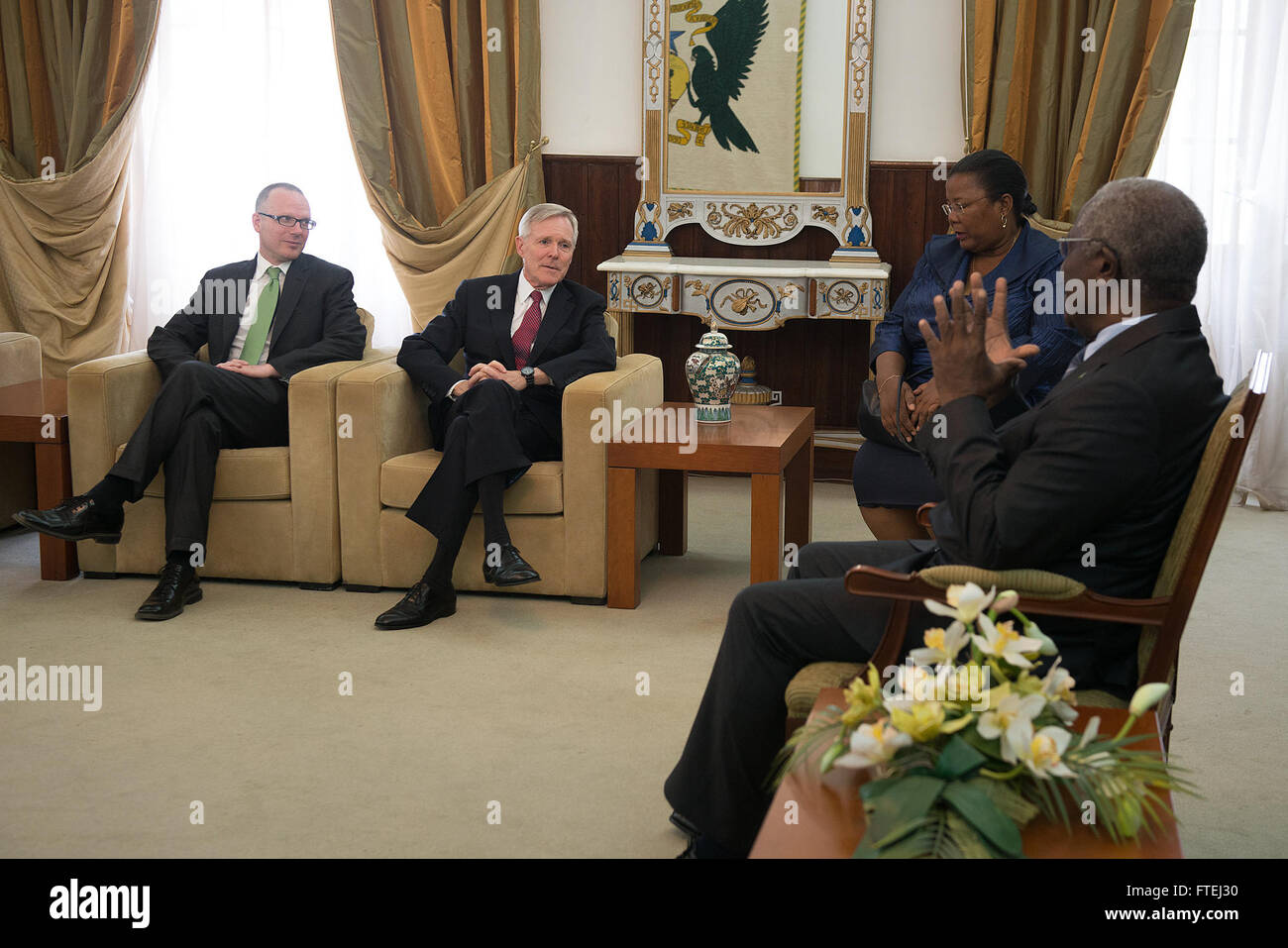 SÃO TOMÉ, São Tomé and Príncipe (Aug. 16, 2013) Secretary of the Navy (SECNAV) Ray Mabus meets with São Tomé and Príncipe President Manuel Pinto da Costa in the African nation’s capital. São Tomé and Príncipe is one of several countries throughout the region where Mabus is meeting with Sailors and Marines, and civilian and military officials to discuss security and stability and to reinforce existing partnerships with African nations. Stock Photo