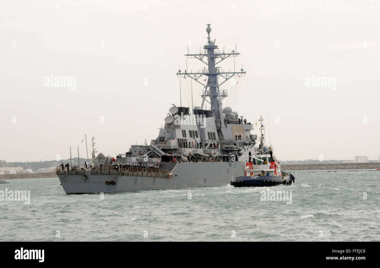 The USS Donald Cook (DDG 75), an Arleigh Burke-class destroyer, departs ...