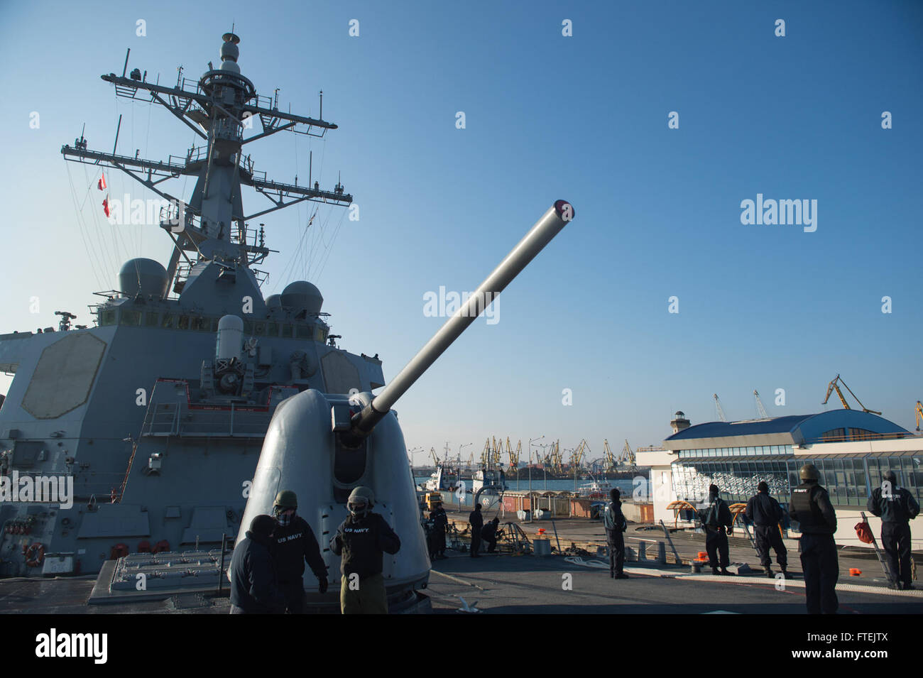 CONSTANTA, Romania (Dec. 30, 2014) USS Donald Cook (DDG 75) arrives at Constanta, Romania for a scheduled port visit Dec. 30, 2014. Donald Cook, an Arleigh Burke-class guided-missile destroyer, forward-deployed to Rota, Spain, is conducting naval operations in the U.S. 6th Fleet area of operations in support of U.S. national security interests in Europe. Stock Photo