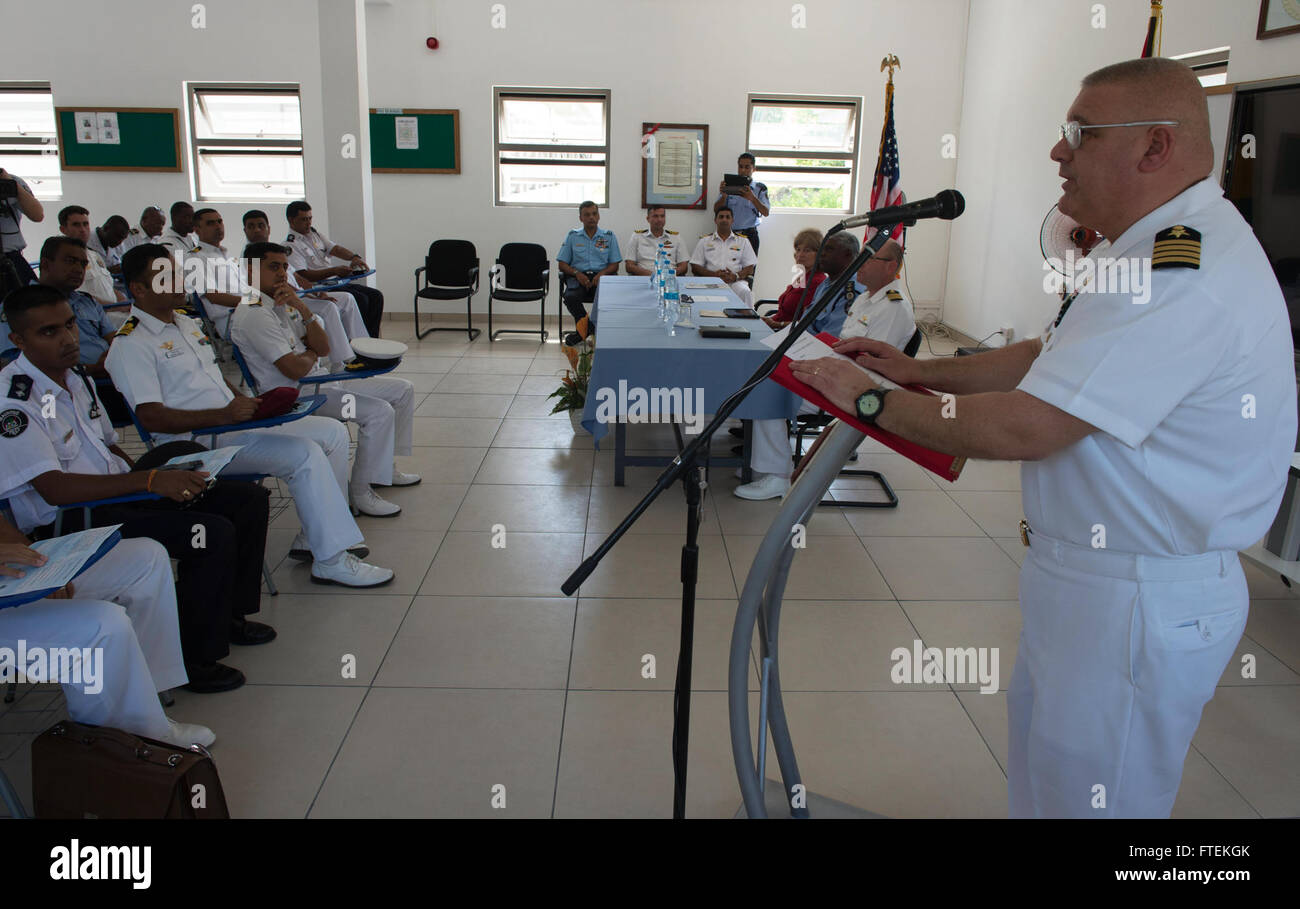 150128-N-QY759-049 LE CHALAND, Mauritius (Jan. 28, 2015) Capt. Rich Dromerhauser, deputy commodore CTF-65, addresses attendees during the opening ceremony of Exercise Cutlass Express 2015, Jan. 28. Exercise Cutlass Express 2015, sponsored by U.S. Africa Command, is designed to improve regional cooperation, maritime domain awareness, and information sharing practices to increase capabilities of East African and Indian Ocean nations to counter sea-based illicit activity. (U.S. Navy photo by Mass Communication Specialist 1st Class David R. Krigbaum/Released) Stock Photo