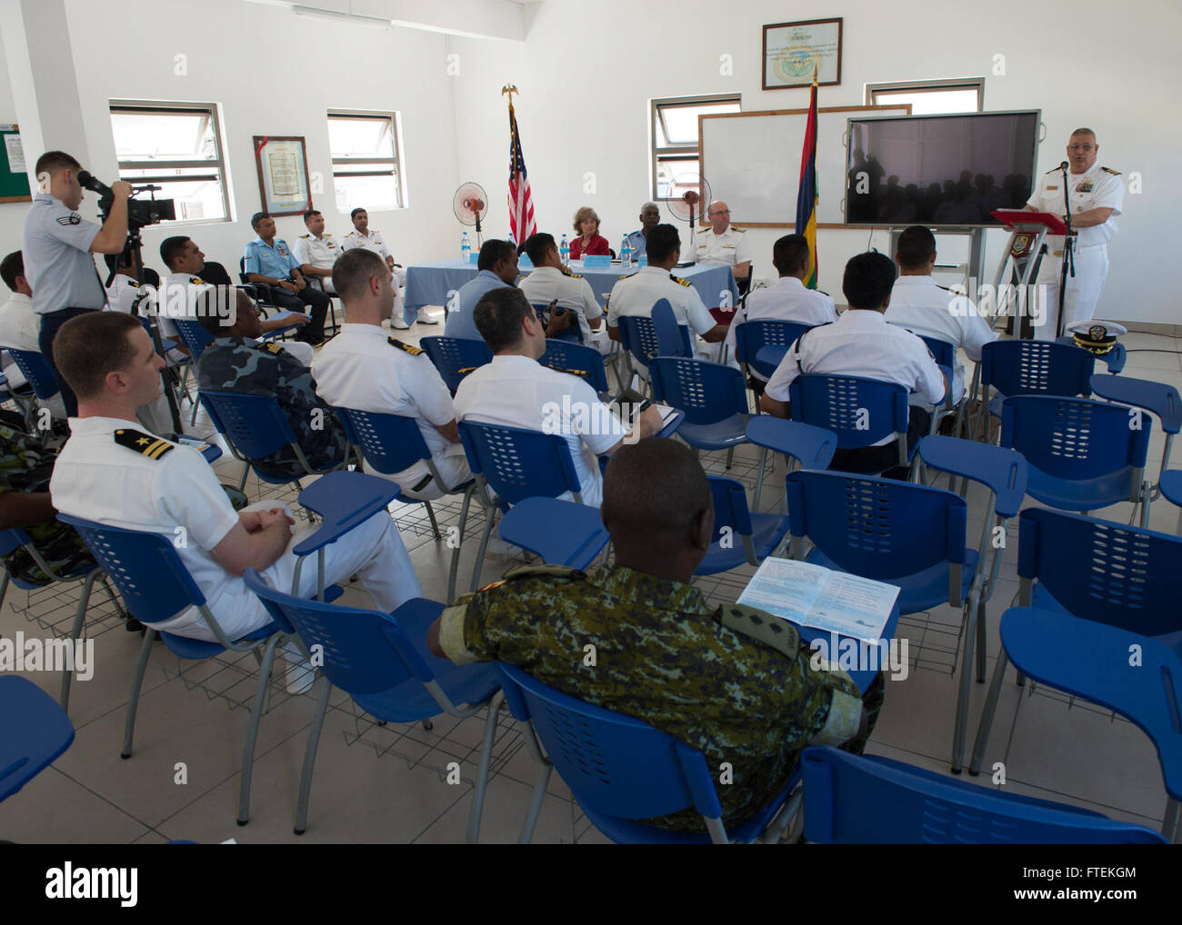 150128-N-QY759-049 LE CHALAND, Mauritius (Jan. 28, 2015) Capt. Rich Dromerhauser, deputy commodore CTF-65, addresses attendees during the opening ceremony of Exercise Cutlass Express 2015, Jan. 28. Exercise Cutlass Express 2015, sponsored by U.S. Africa Command, is designed to improve regional cooperation, maritime domain awareness, and information sharing practices to increase capabilities of East African and Indian Ocean nations to counter sea-based illicit activity. (U.S. Navy photo by Mass Communication Specialist 1st Class David R. Krigbaum/Released) Stock Photo