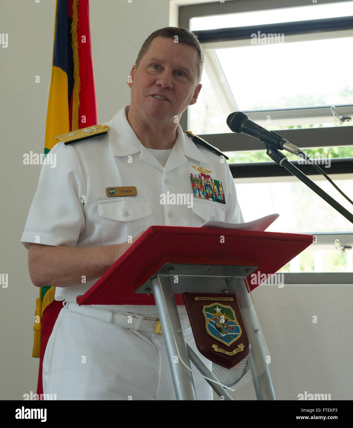 LE CHALAND, Mauritius (Feb. 4, 2015) Rear Adm. Tom Reck, vice commander, U.S. 6th Fleet, addresses exercise attendees at the Exercise Cutlass Express 2015 closing ceremony. Exercise Cutlass Express 2015, sponsored by U.S. Africa Command, is designed to improve regional cooperation, maritime domain awareness, and information sharing practices to increase capabilities of East African and Indian Ocean nations to counter sea-based illicit activity. (U.S. Navy photo by Mass Communication Specialist 1st Class David R. Krigbaum/Released) Stock Photo