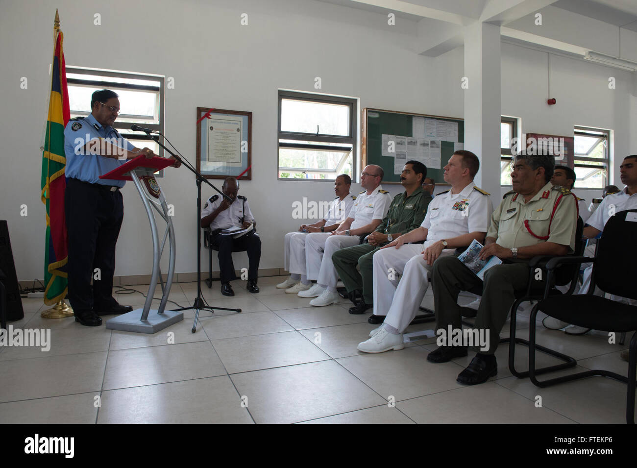LE CHALAND, Mauritius (Feb. 4, 2015) Mauritius Commissioner of Police Dhun Iswur Rampersad addresses exercise attendees at the Exercise Cutlass Express 2015 closing ceremony. Exercise Cutlass Express 2015, sponsored by U.S. Africa Command, is designed to improve regional cooperation, maritime domain awareness, and information sharing practices to increase capabilities of East African and Indian Ocean nations to counter sea-based illicit activity. (U.S. Navy photo by Mass Communication Specialist 1st Class David R. Krigbaum/Released) Stock Photo