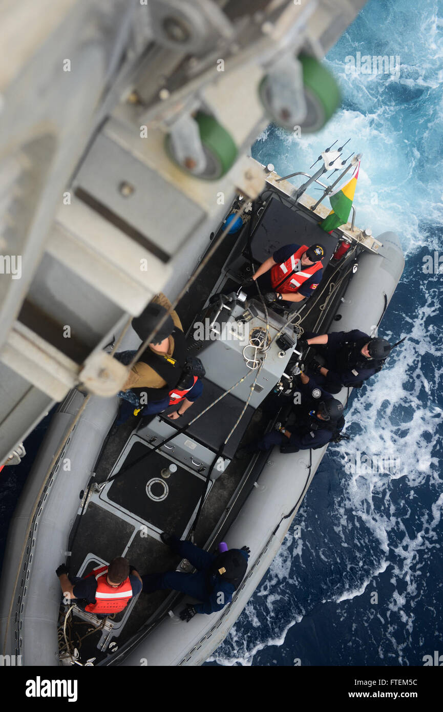 ATLANTIC OCEAN (Feb. 23, 2015) Sailors assigned to the Military Sealift Command's joint high-speed vessel USNS Spearhead (JHSV 1) conduct small boat operations as part of Africa Maritime Law Enforcement Partnership 2015 Feb. 23, 2015. Spearhead is on a scheduled deployment to the U.S. 6th Fleet area of operations in support of the international collaborative capacity-building program Africa Partnership Station. Stock Photo
