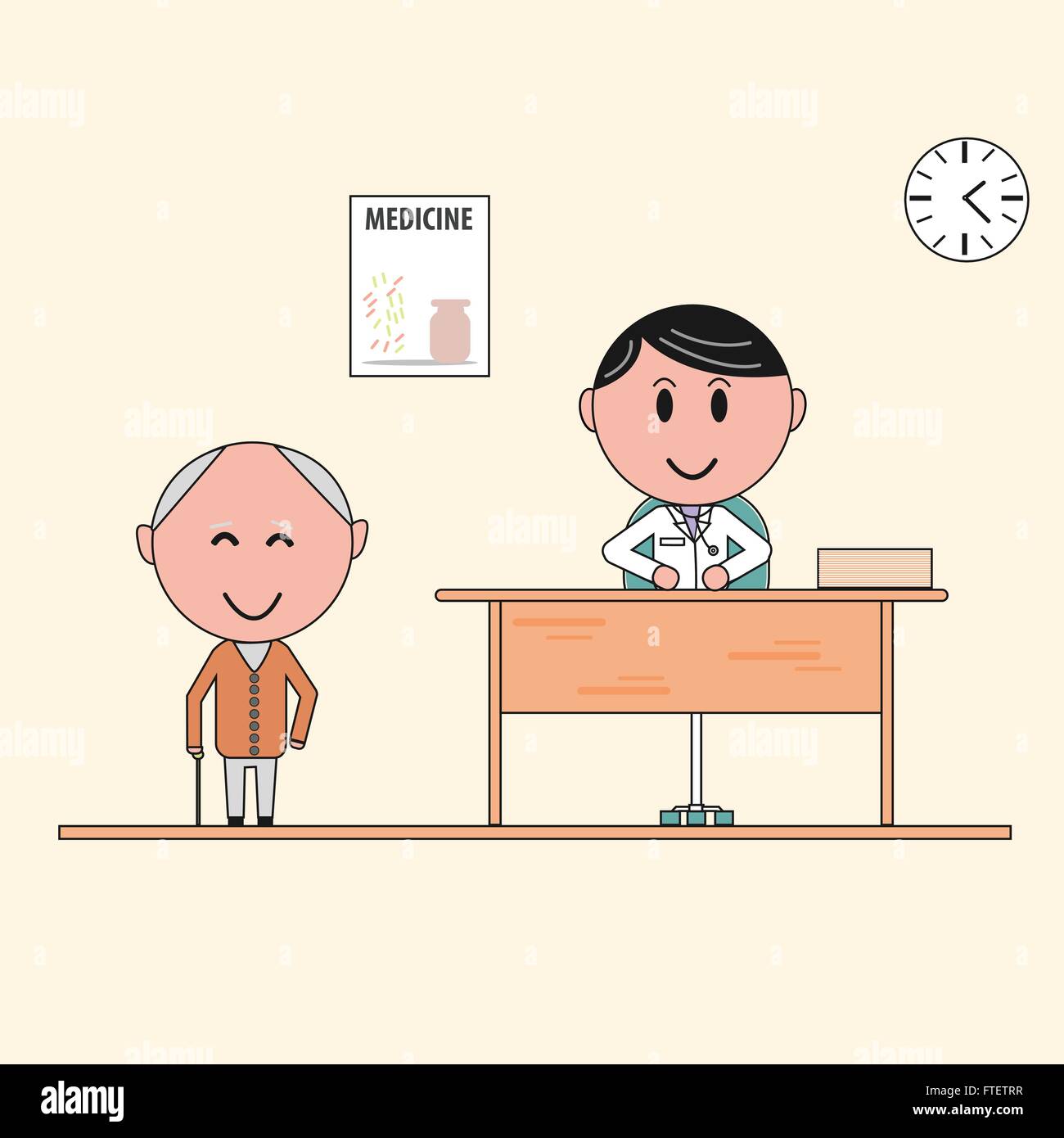 elderly man in a doctor's office/happy patient and doctor Stock Vector