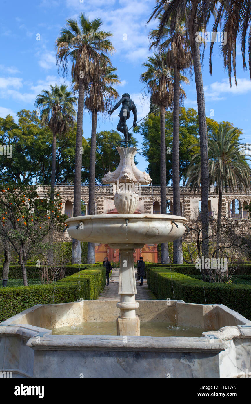 Neptune fountain statue, Reales Alcázares de Sevilla. Andalusia, Spain. Stock Photo