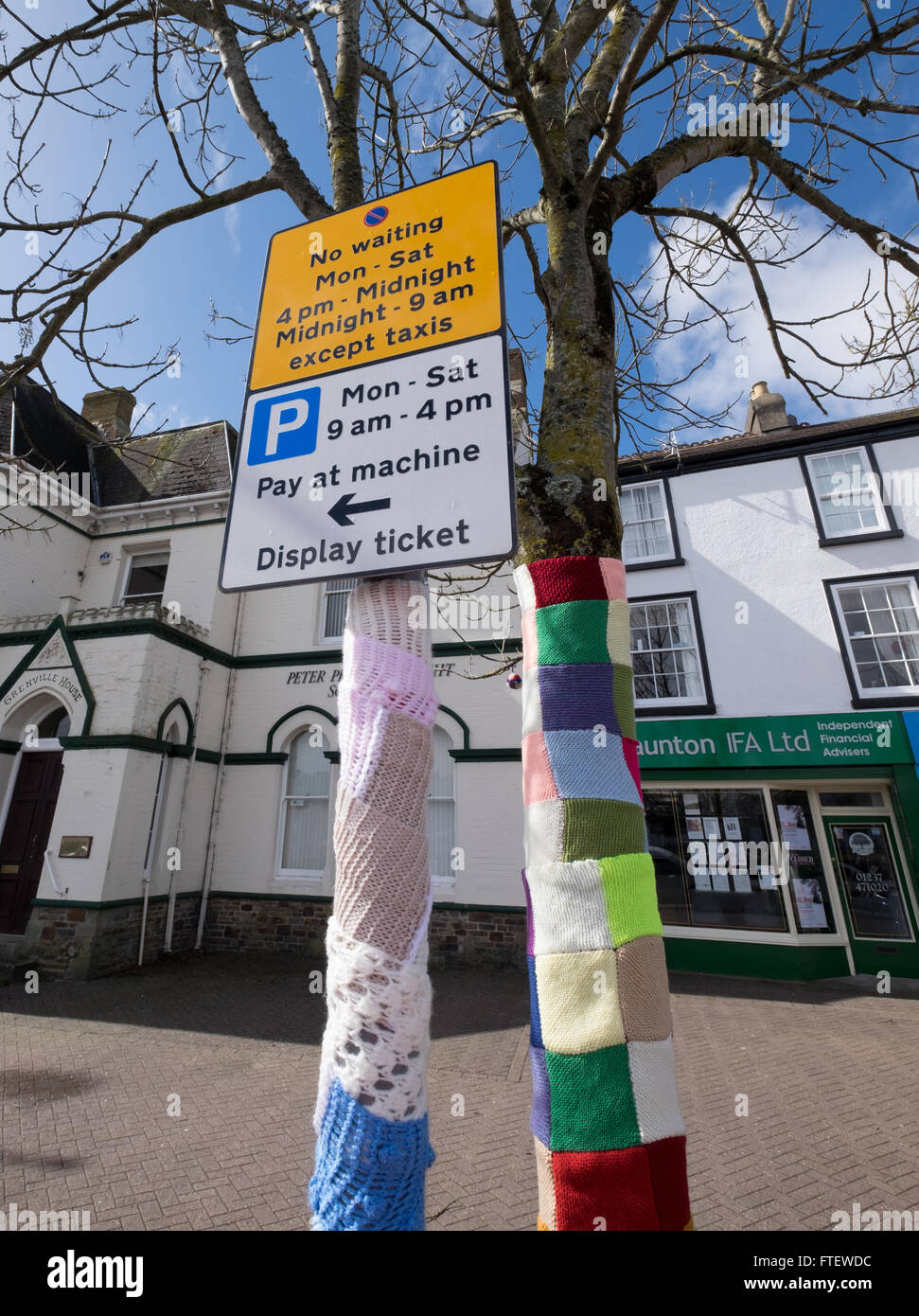 Yarn Bombing knitting graffiti in Bideford Devon, UK Stock Photo