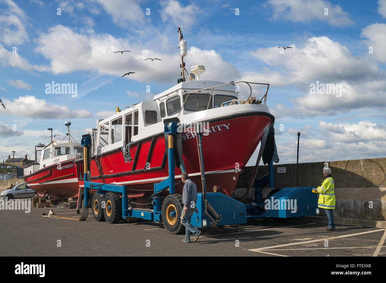 Farne Islands trip boat Serenity on a Sublift boat trailer at North  Sunderland harbour, Seahouses, Northumberland England UK Stock Photo - Alamy