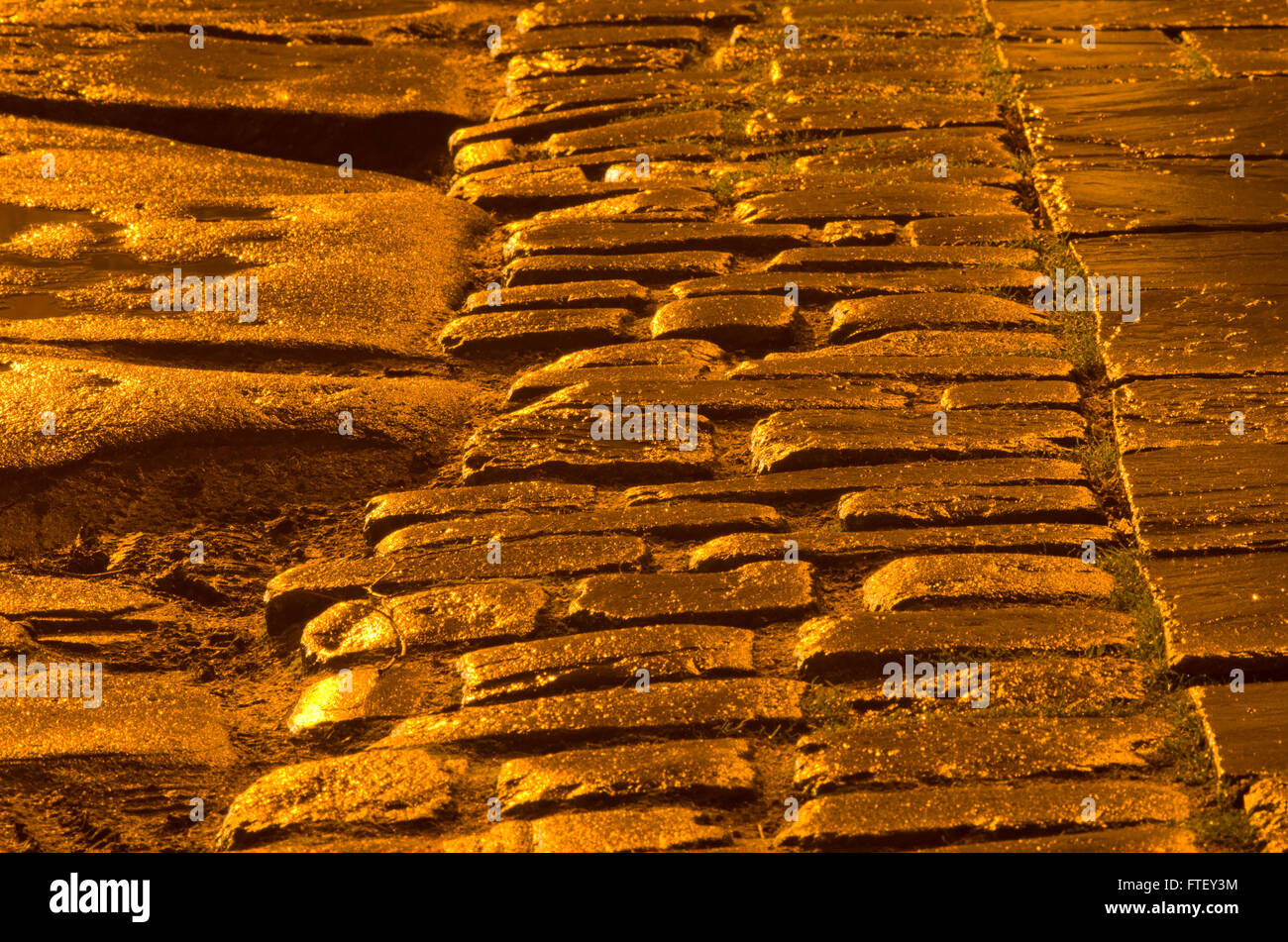 Wet cobbles under sodium lamp Stock Photo