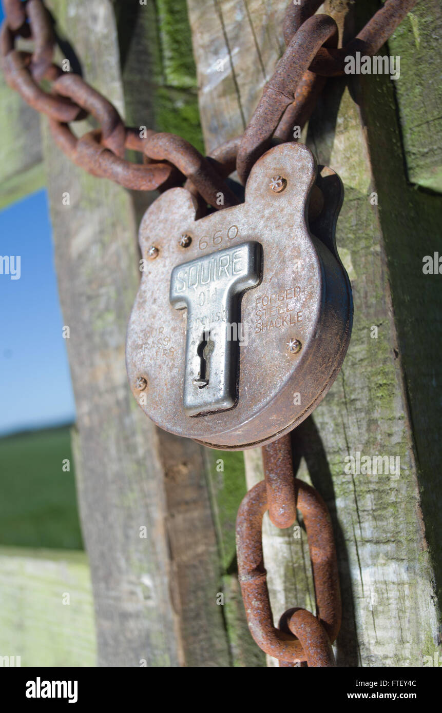 Wooden gate securely locked with padlock and chain Stock Photo